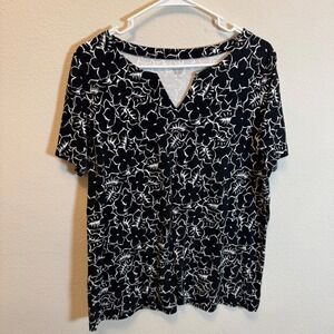 Perfectly Soft Floral Print Short‎ Sleeve Top Black White Womens